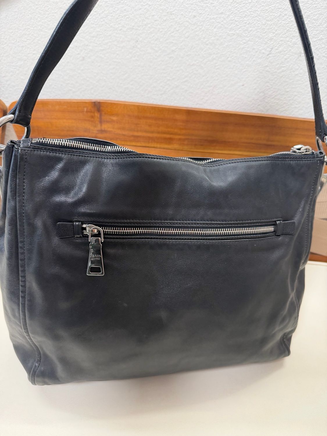 Prada Hobo Leather Shoulder Bag Zip Tote Pushlock