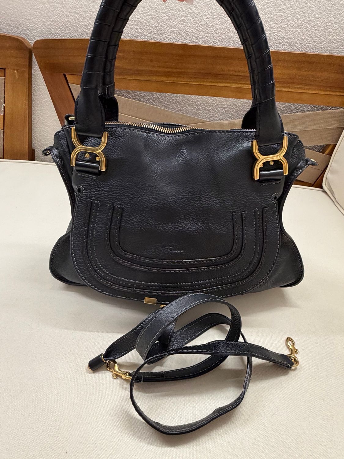 Chloe Marcie Pebbled Leather Black Messenger Crossbody Sling Medium in Black