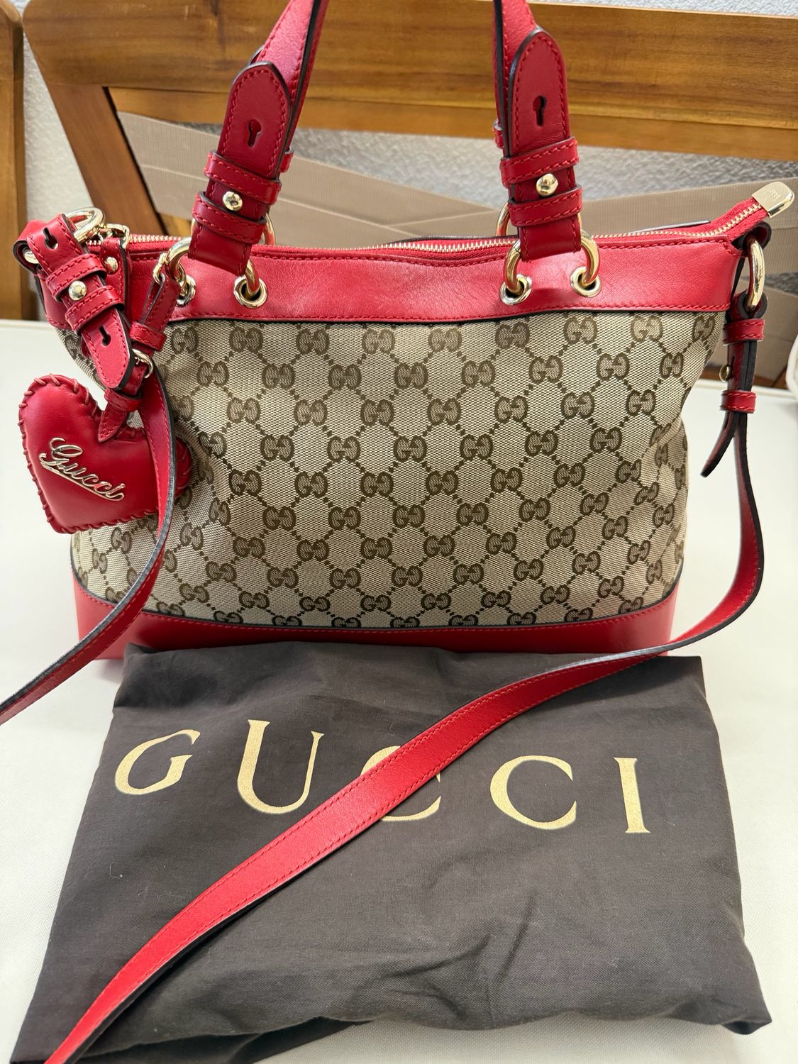 Gucci Monogram Canvas Valentine Heart Charm Crossbody Messenger Sling