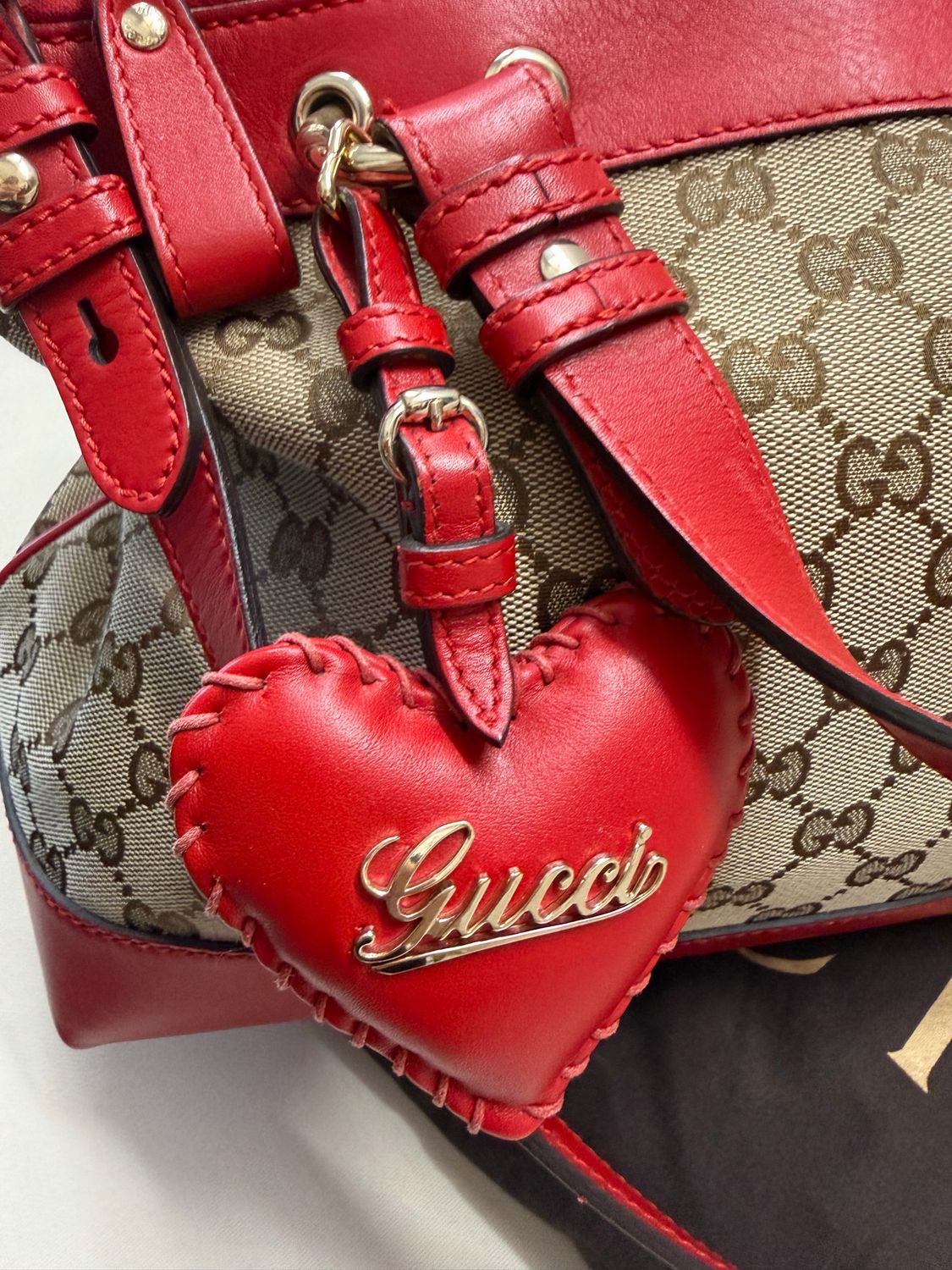 Gucci Monogram Canvas Valentine Heart Charm Crossbody Messenger Sling