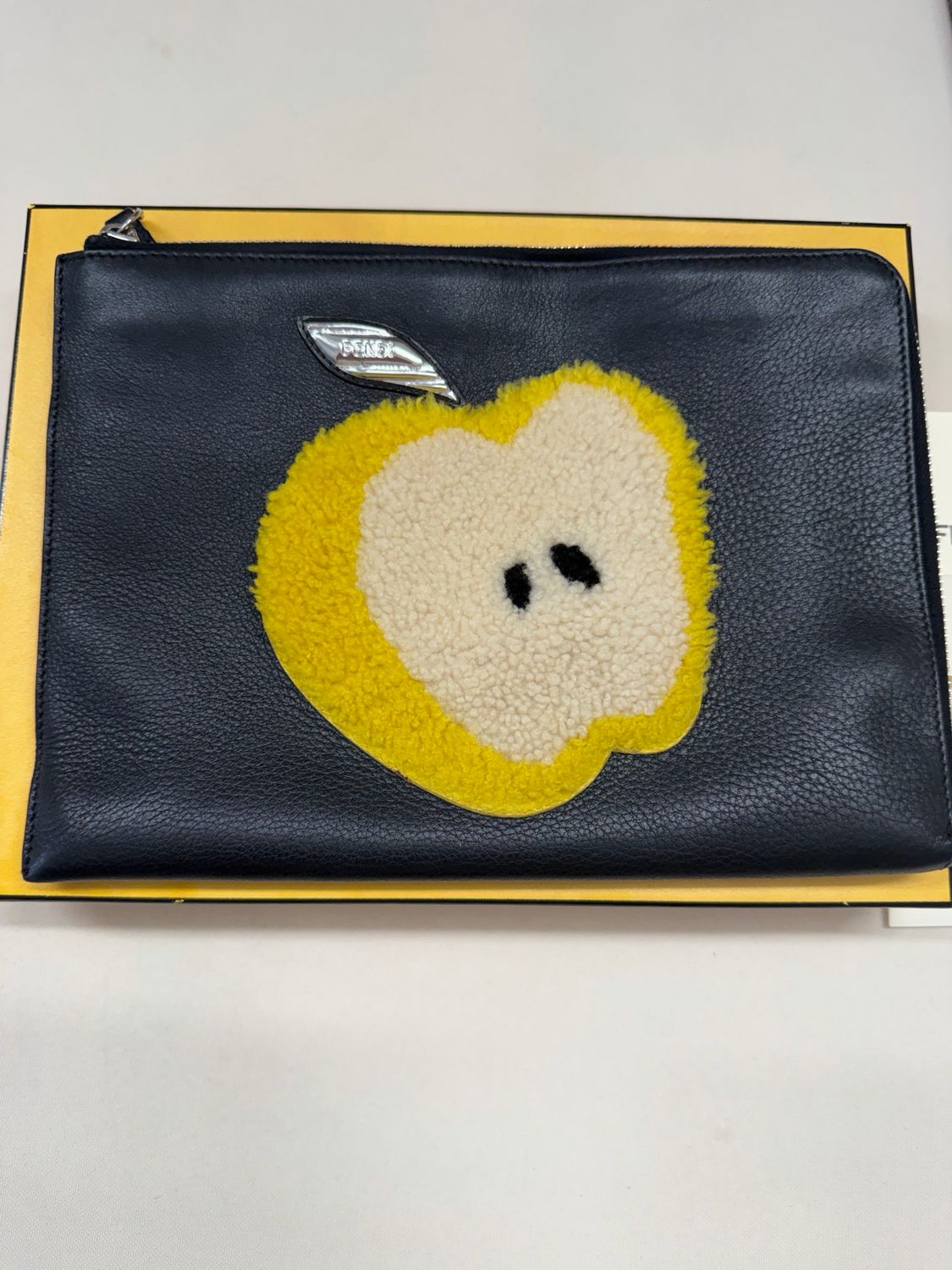 Fendi Clutch Ziparound Pouch Black Apple Shearling
