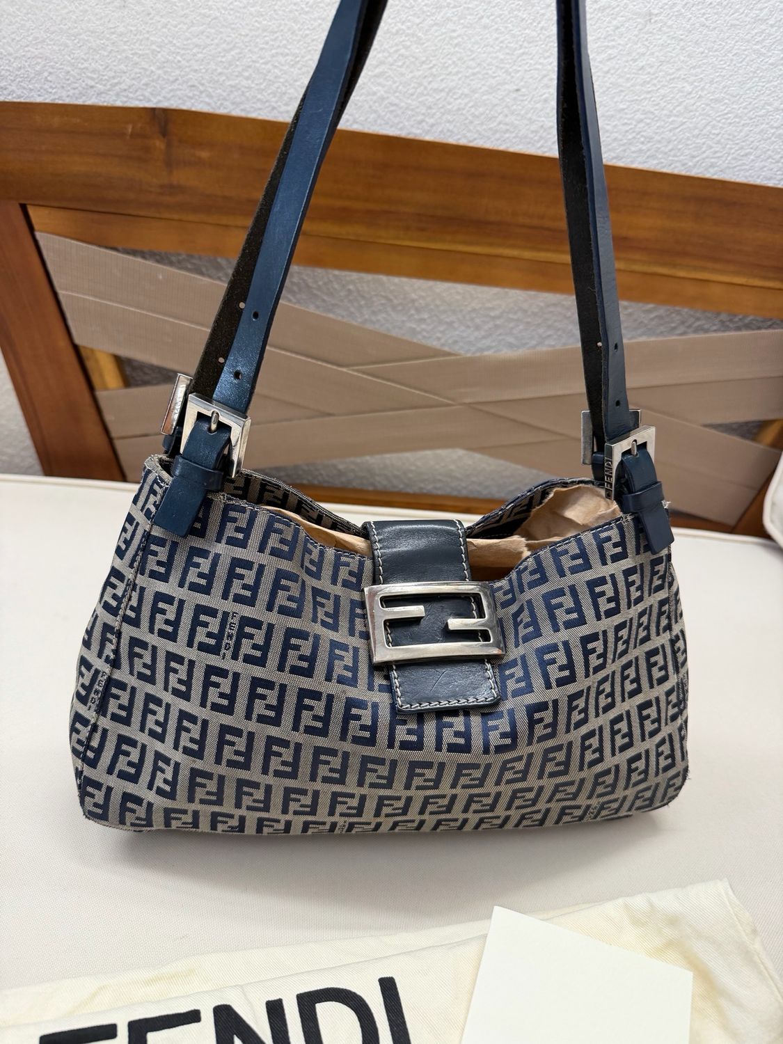 Fendi Zucca Flap Navy Blue Medium Shoulder Bag