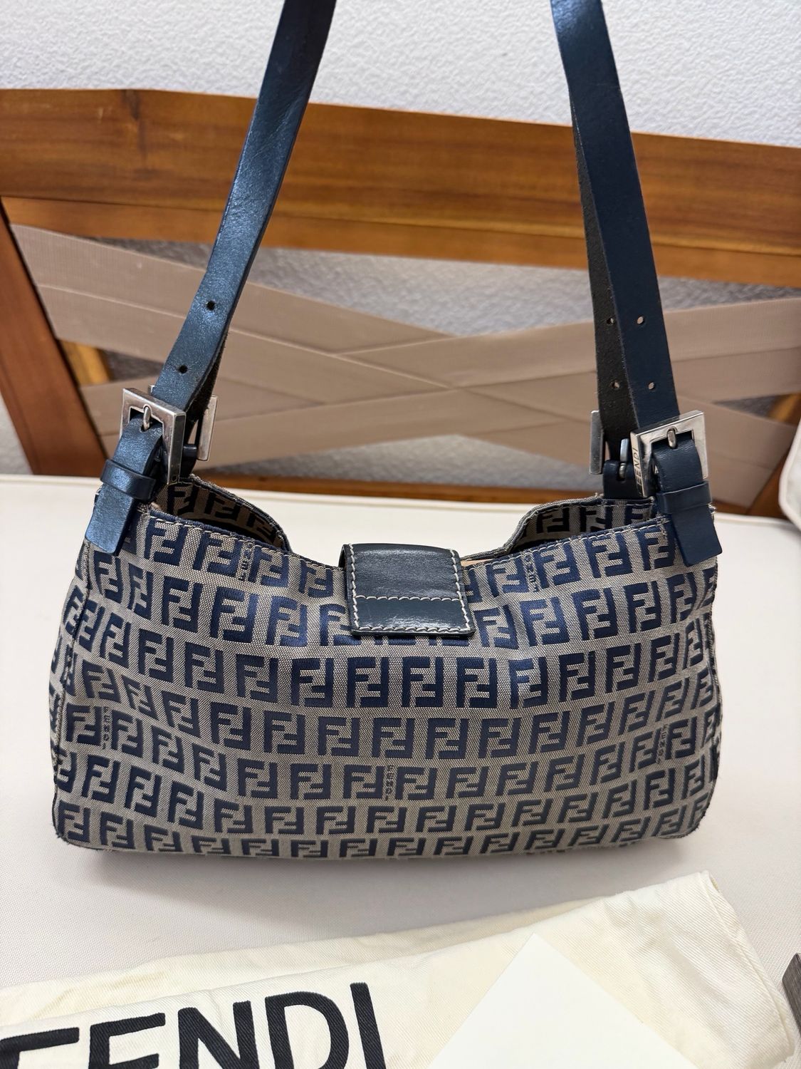 Fendi Zucca Flap Navy Blue Medium Shoulder Bag