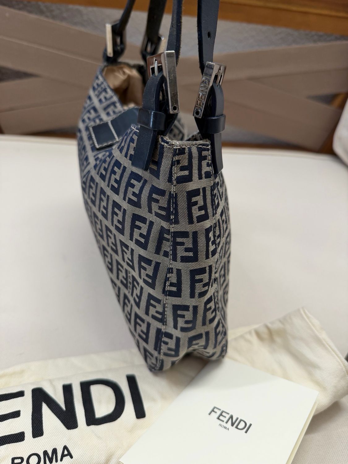 Fendi Zucca Flap Navy Blue Medium Shoulder Bag