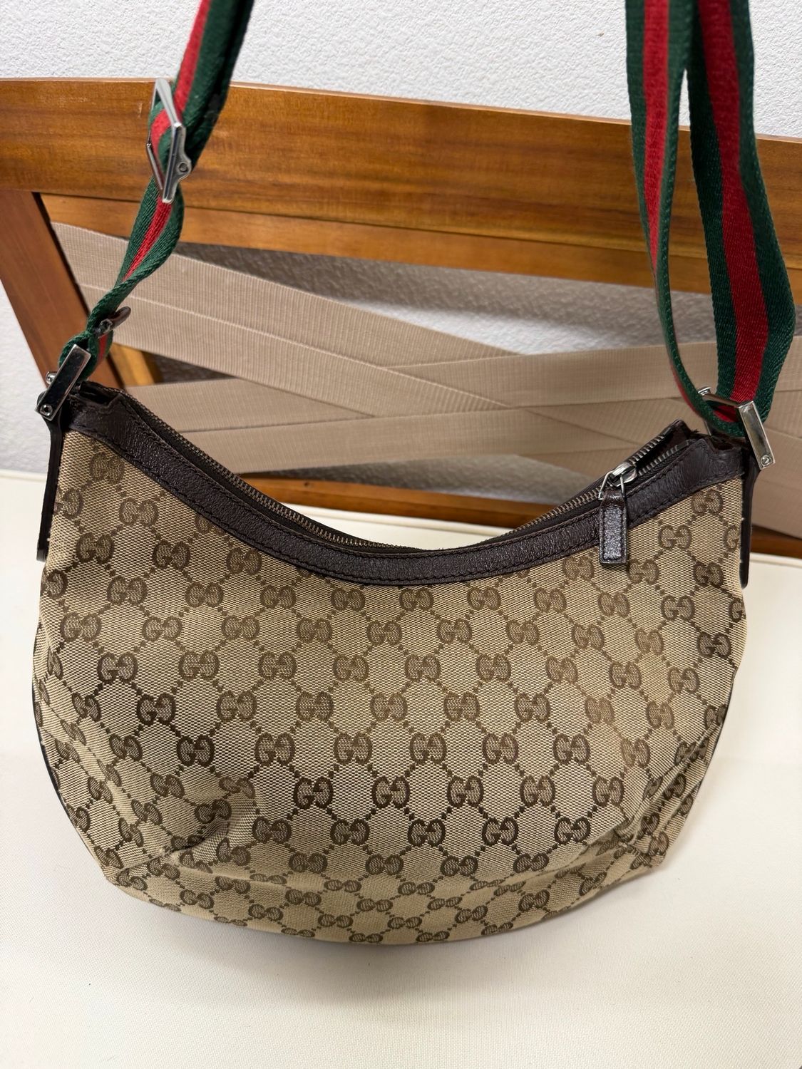 Gucci Monogram Canvas Saddle Messenger Halfmoon Web Strap Sling
