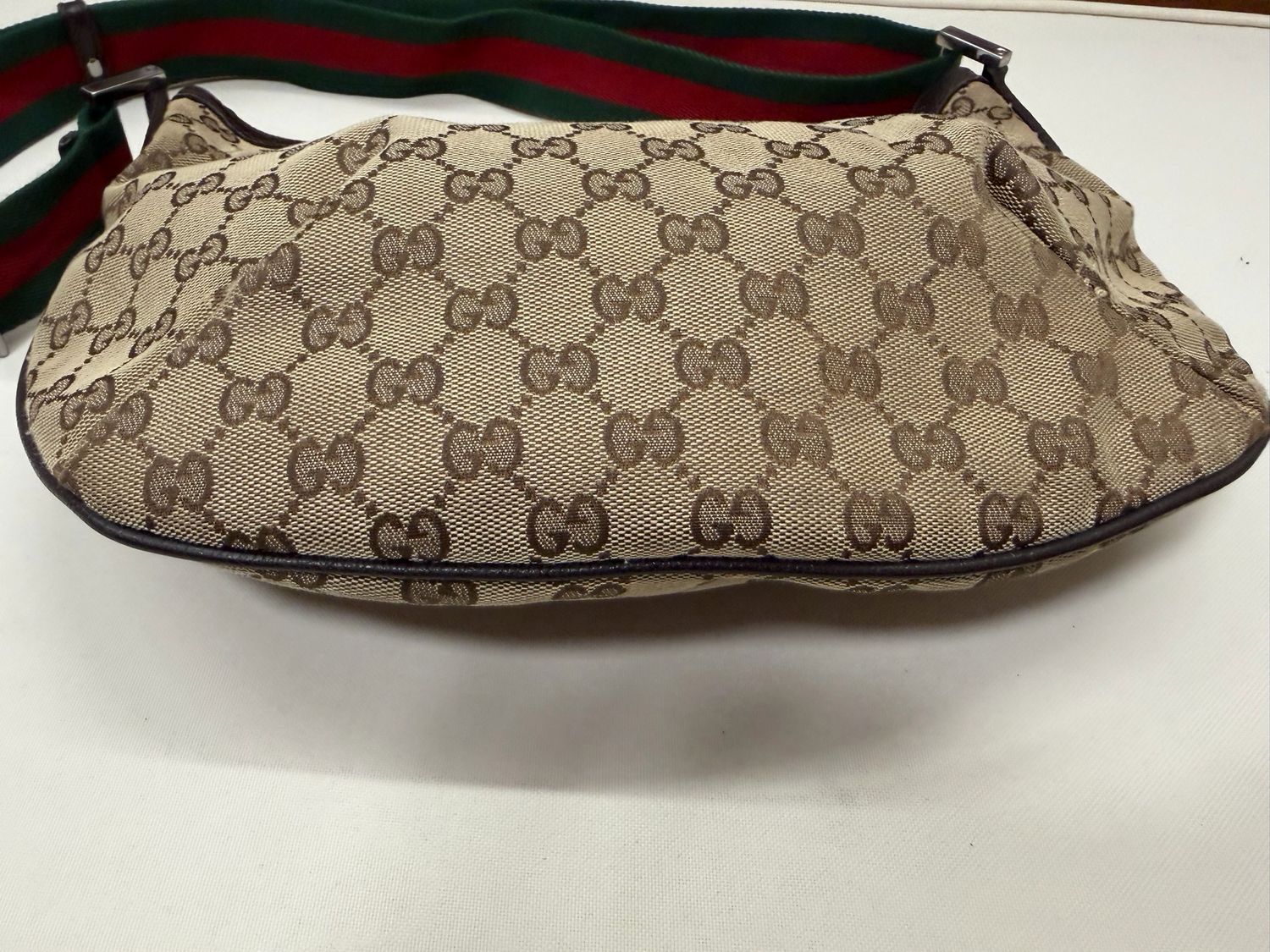 Gucci Monogram Canvas Saddle Messenger Halfmoon Web Strap Sling