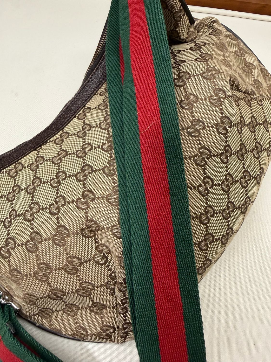 Gucci Monogram Canvas Saddle Messenger Halfmoon Web Strap Sling
