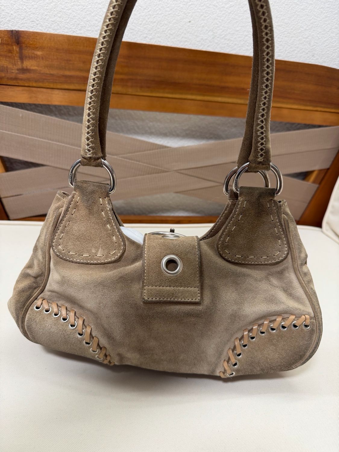 Prada Whipstitch Hobo Halfmoon Shoulder Suede
