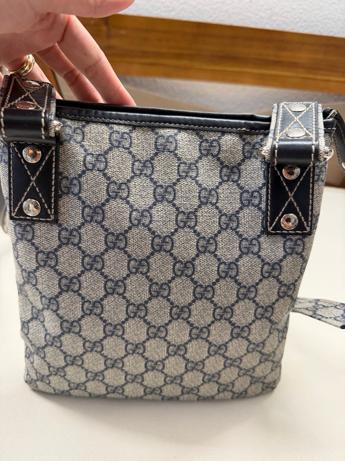 Gucci Supreme Monogram Canvas Web Loop Messenger Small in Navy Blue