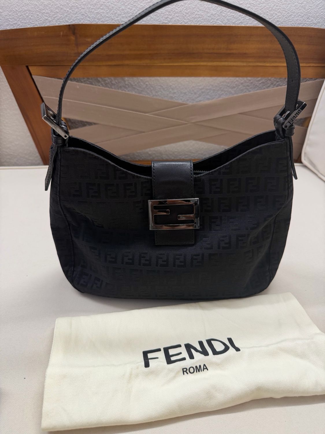 Fendi Zucca Borsa Flap Halfmoon Hobo Shoulder Monogram in Black