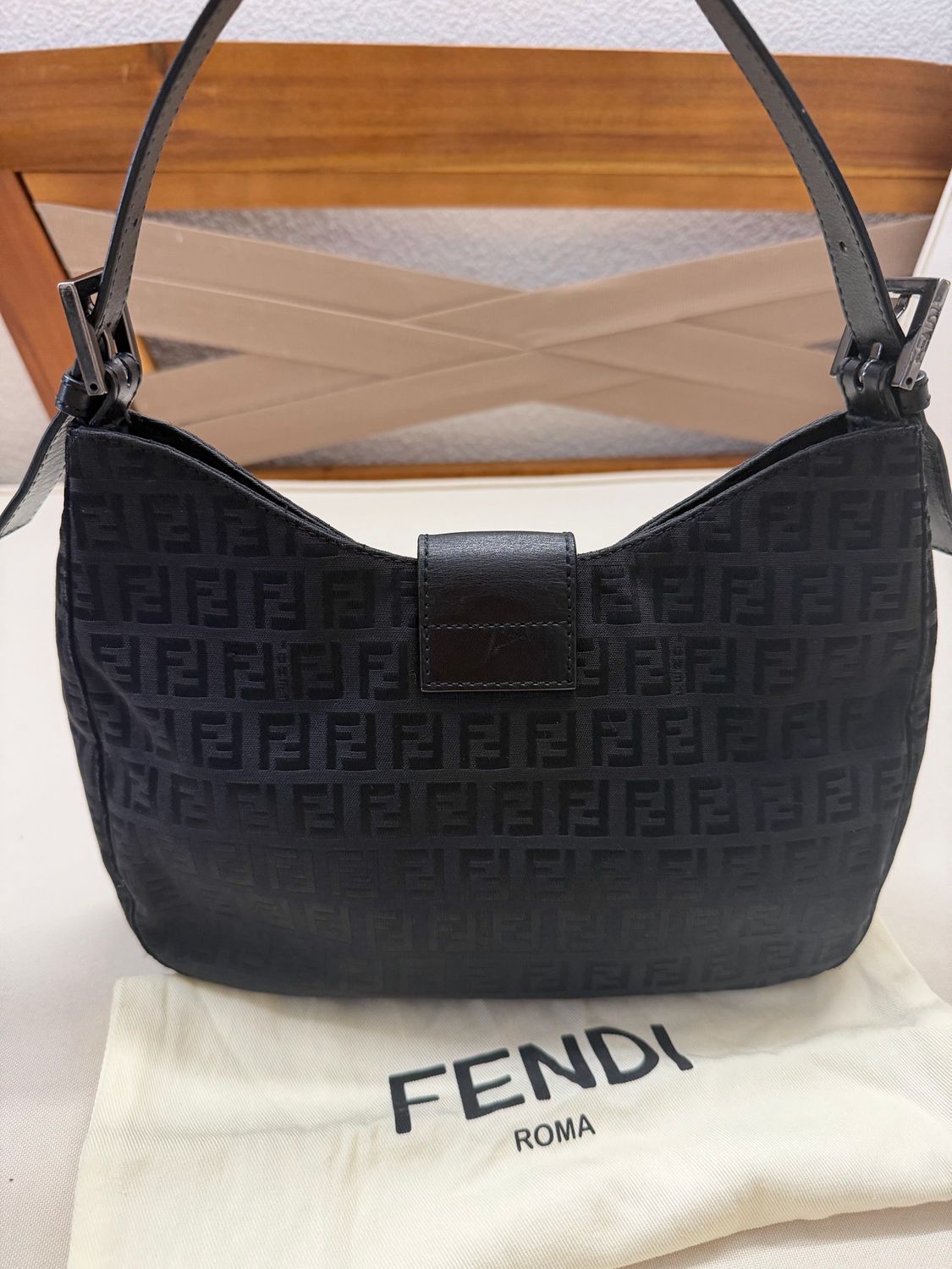 Fendi Zucca Borsa Flap Halfmoon Hobo Shoulder Monogram in Black