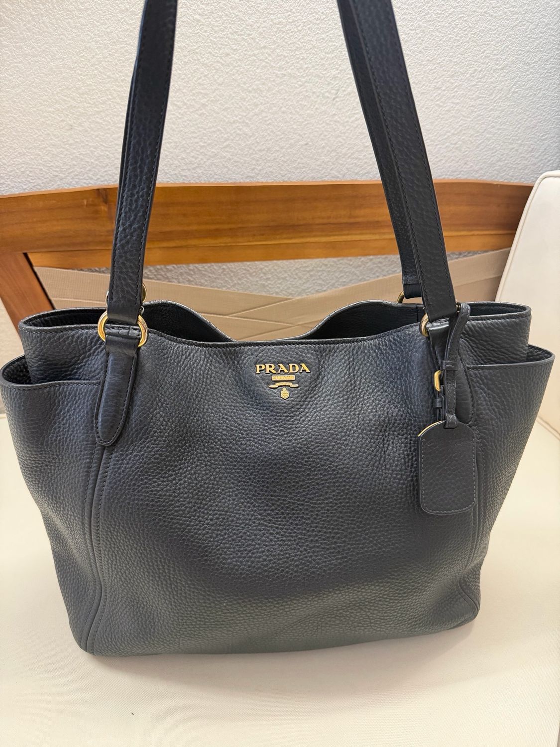 Prada Vitello Daino Shopper Tote in Black