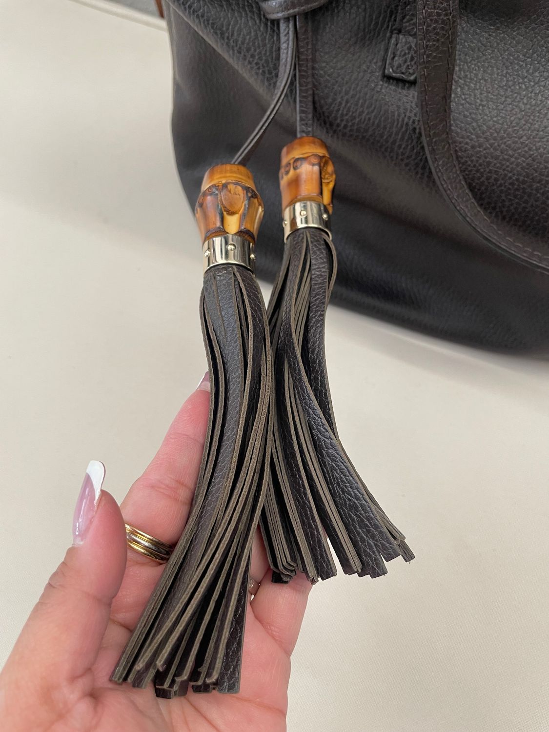 Gucci Calfskin Pebbled Bamboo Tassel Tote Shoulder in Dark Brown