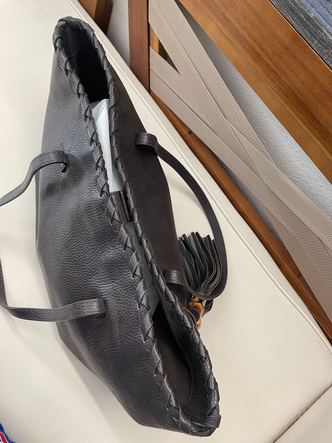 Gucci Calfskin Pebbled Bamboo Tassel Tote Shoulder in Dark Brown