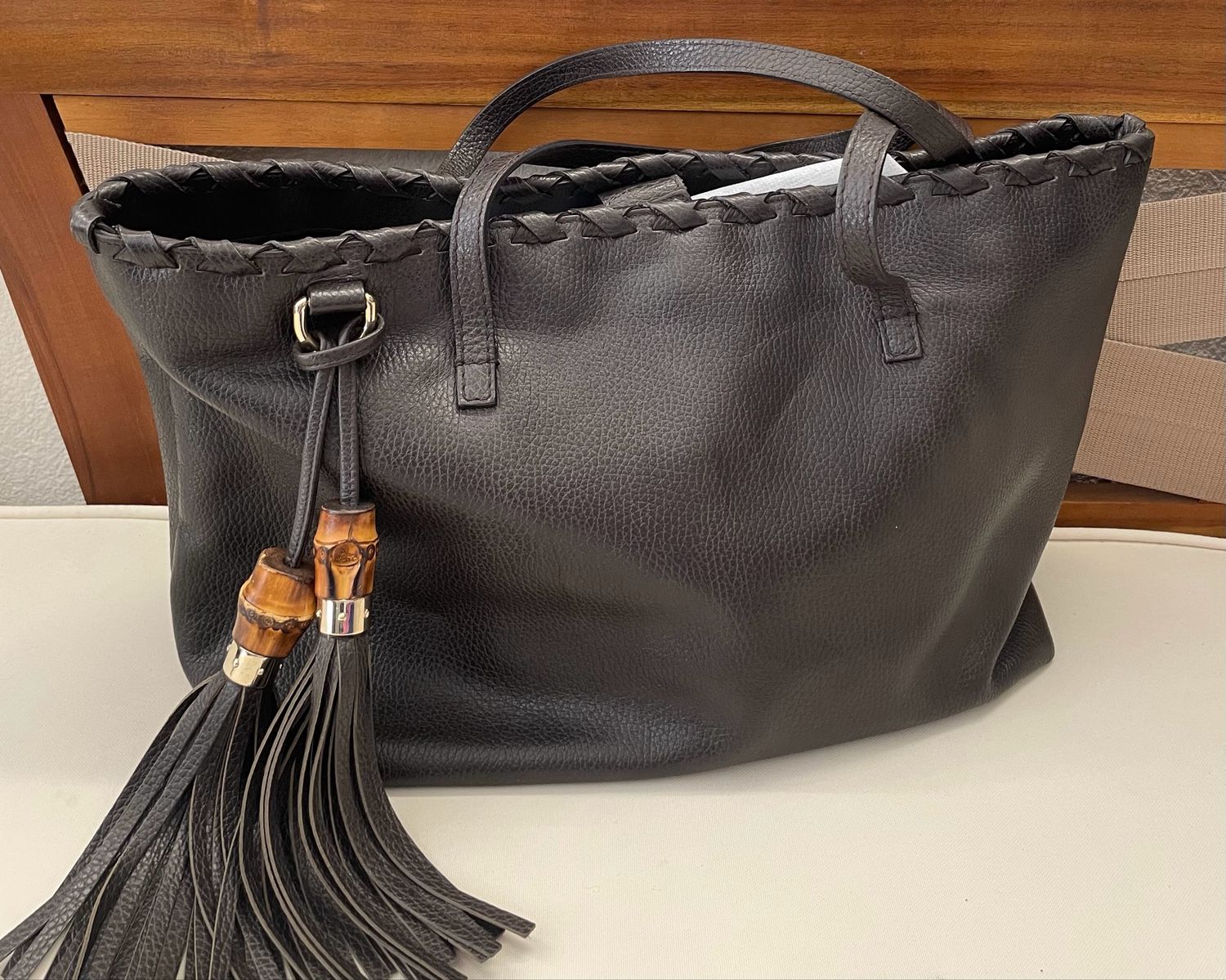 Gucci Calfskin Pebbled Bamboo Tassel Tote Shoulder in Dark Brown