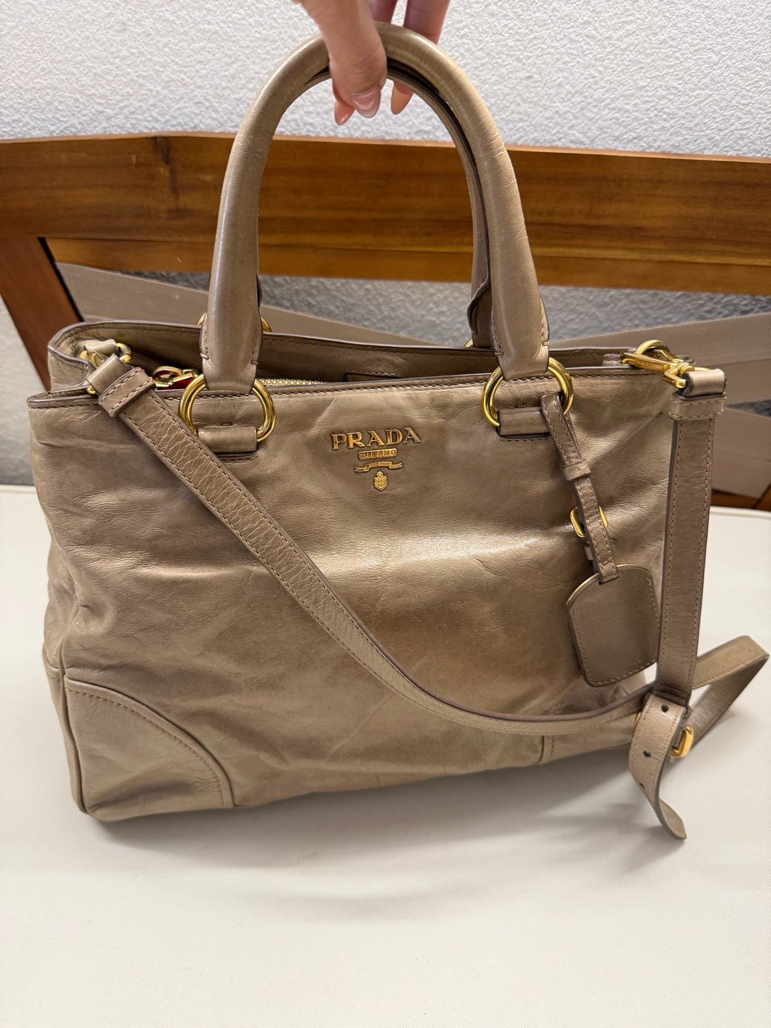 Prada Vitello Shine Messenger Crossbody Sling in Nude