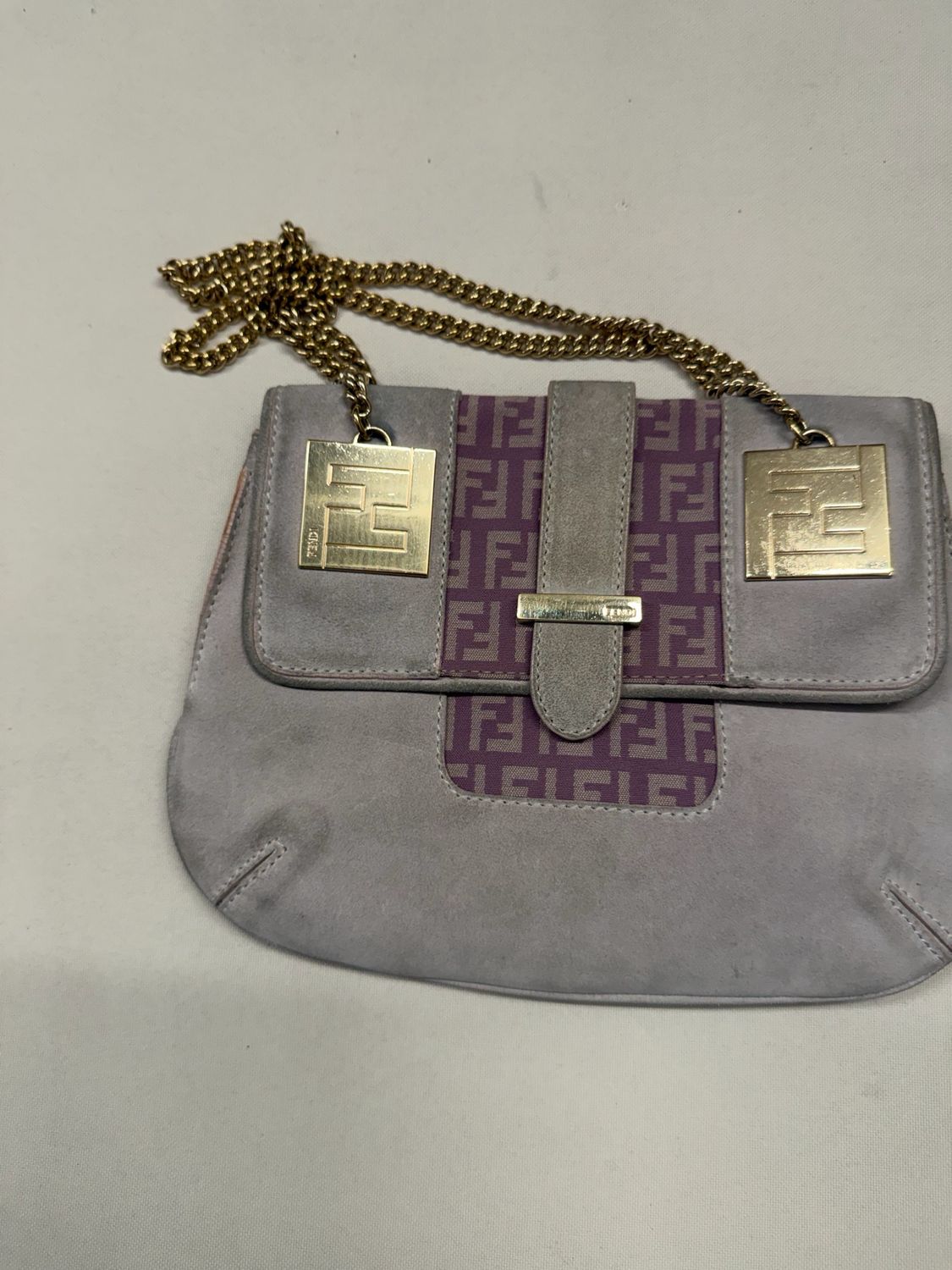 Fendi Zucchino Suede Flap Chain Strap Tote