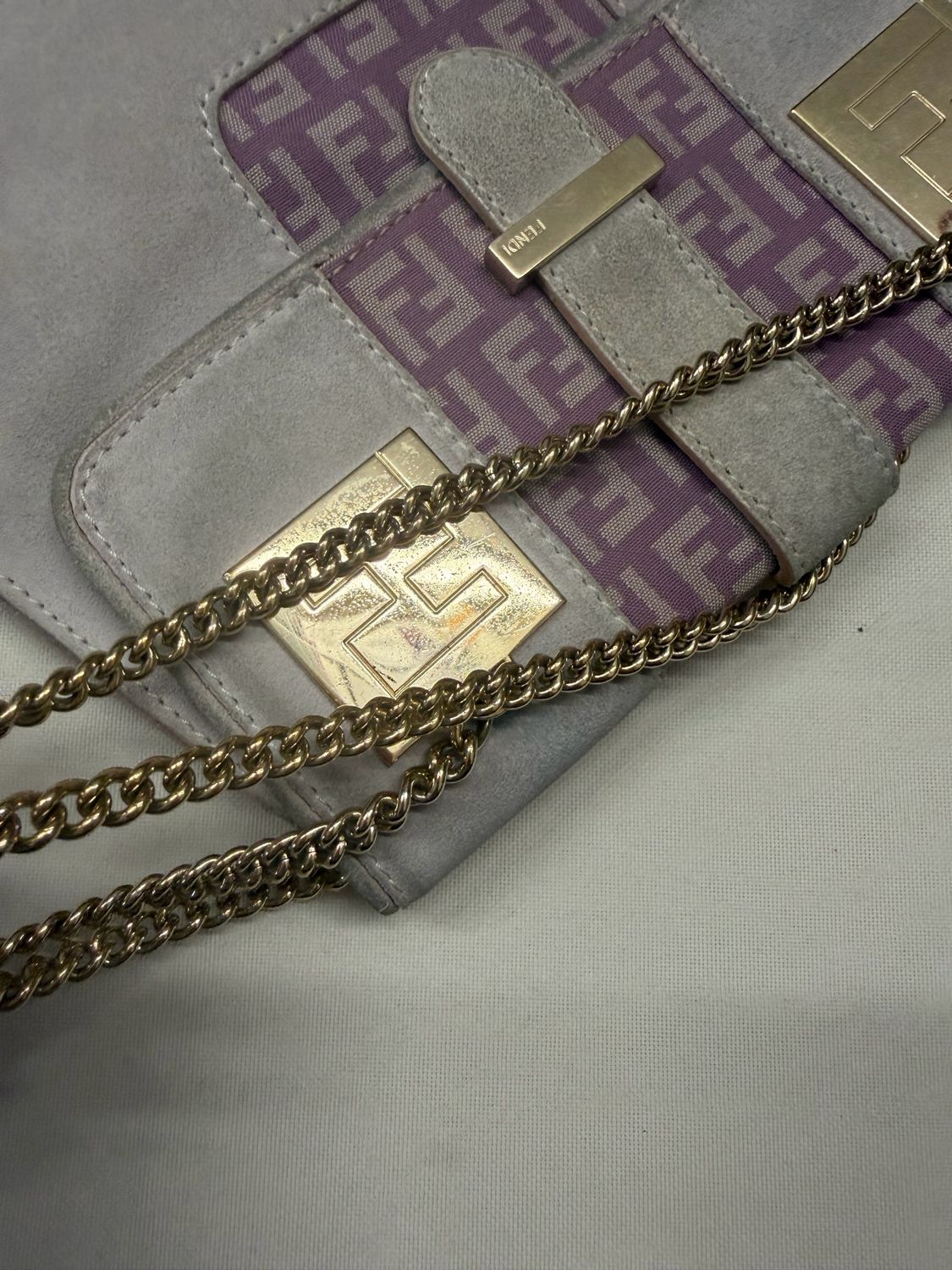 Fendi Zucchino Suede Flap Chain Strap Tote