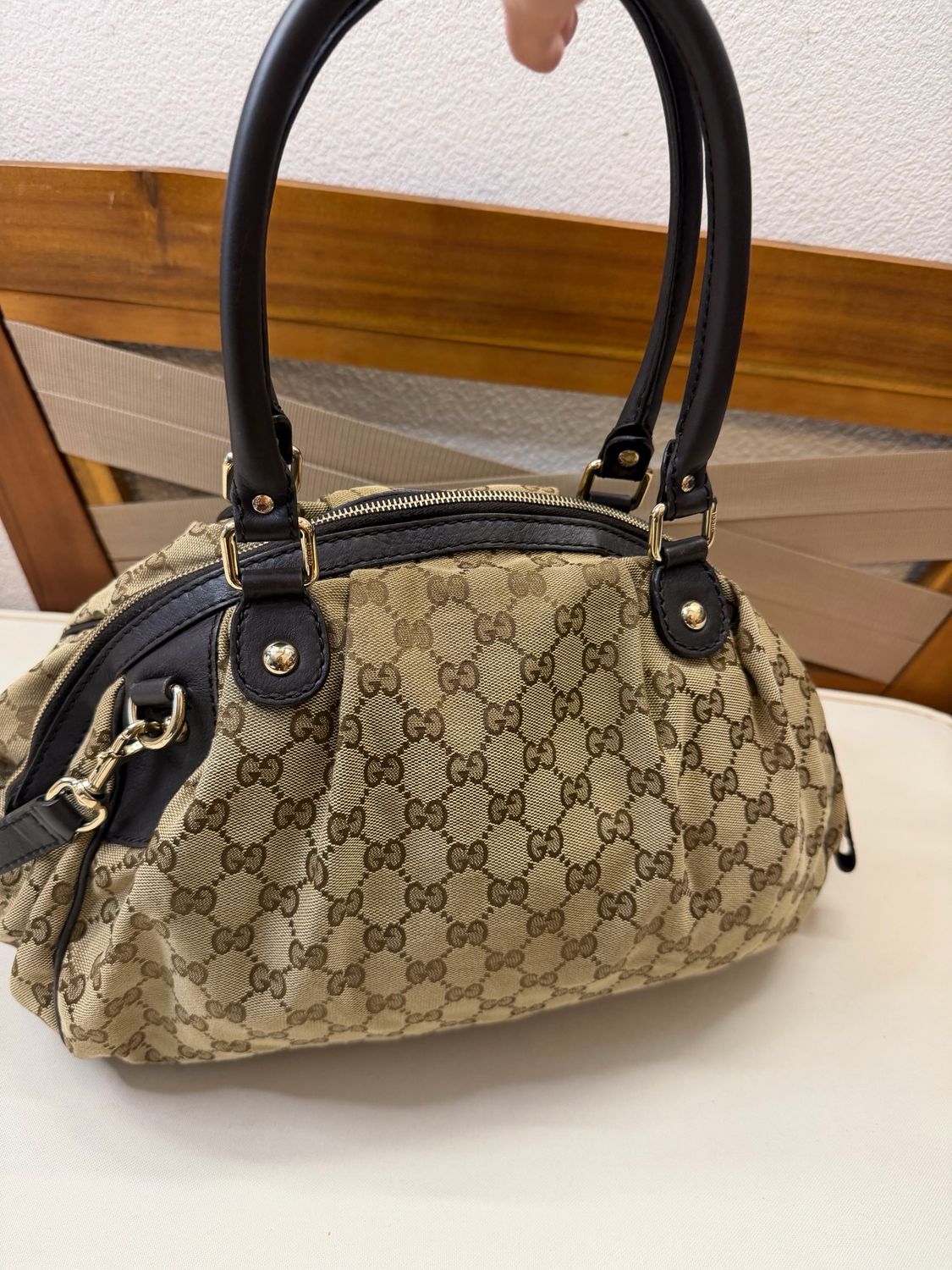 Gucci Monogram Sukey Bowler Crossbody in Dark Brown