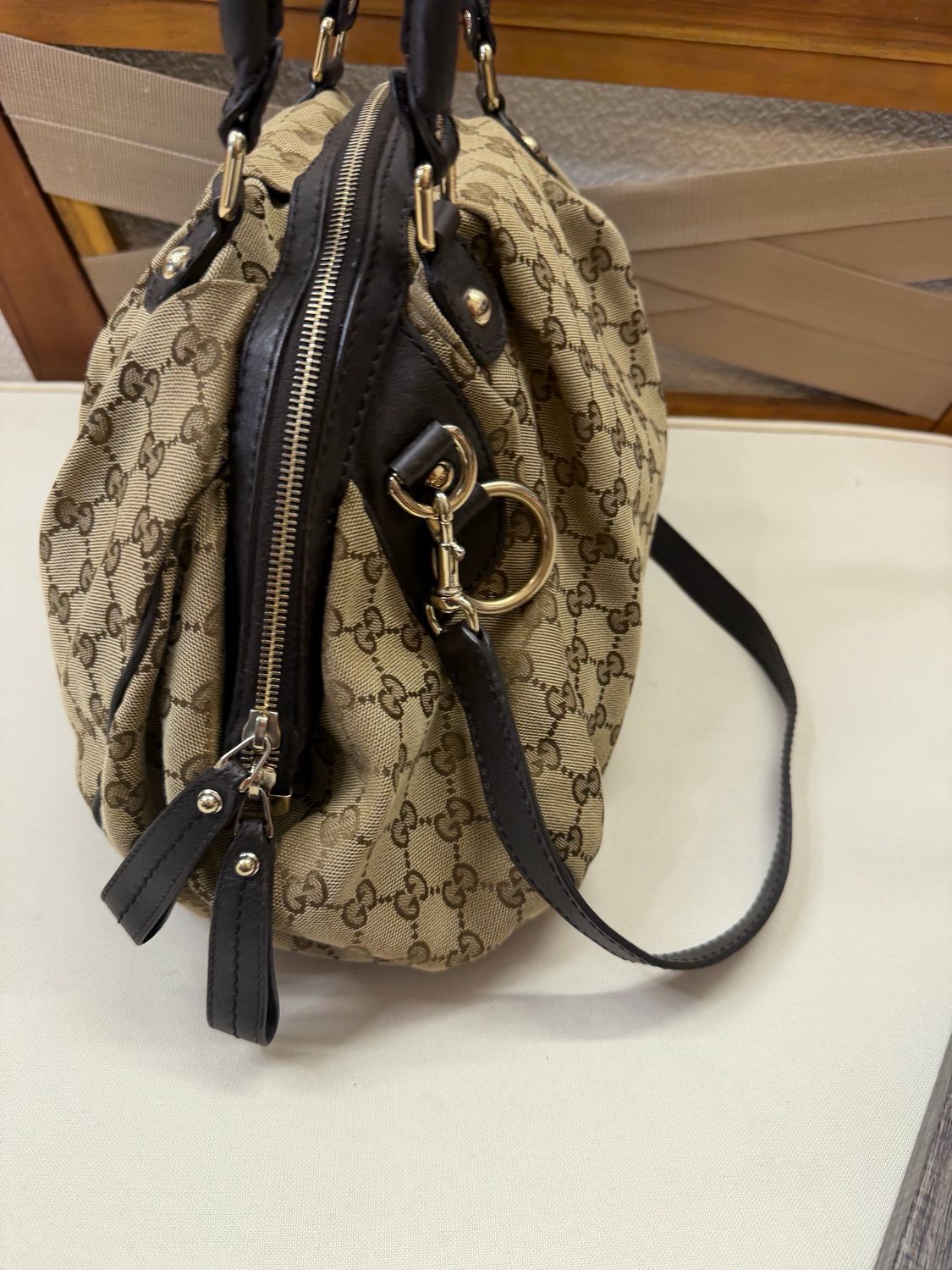 Gucci Monogram Sukey Bowler Crossbody in Dark Brown