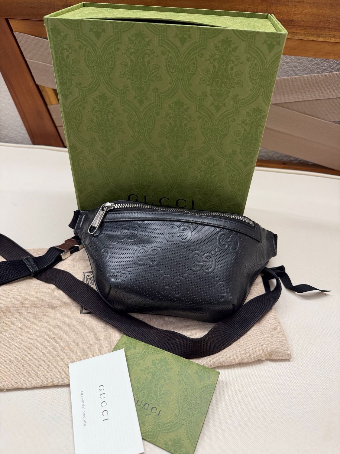 Gucci Monogram Embossed Fanny Pack Belt Bag in Black