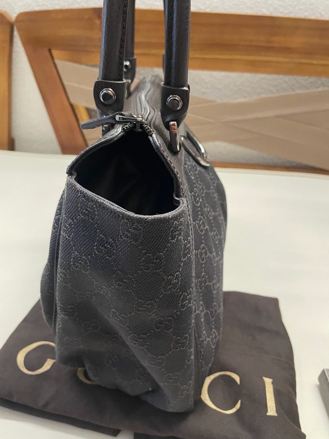 Gucci Monogram Canvas Denim Tote Abbey D Ring in Dark Brown