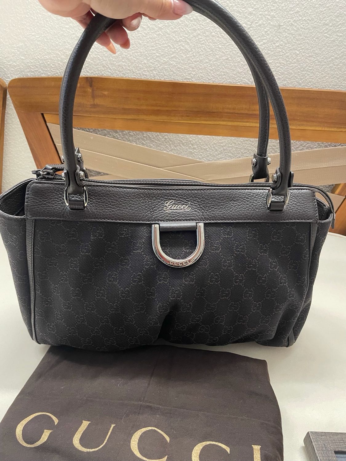 Gucci Monogram Canvas Denim Tote Abbey D Ring in Dark Brown