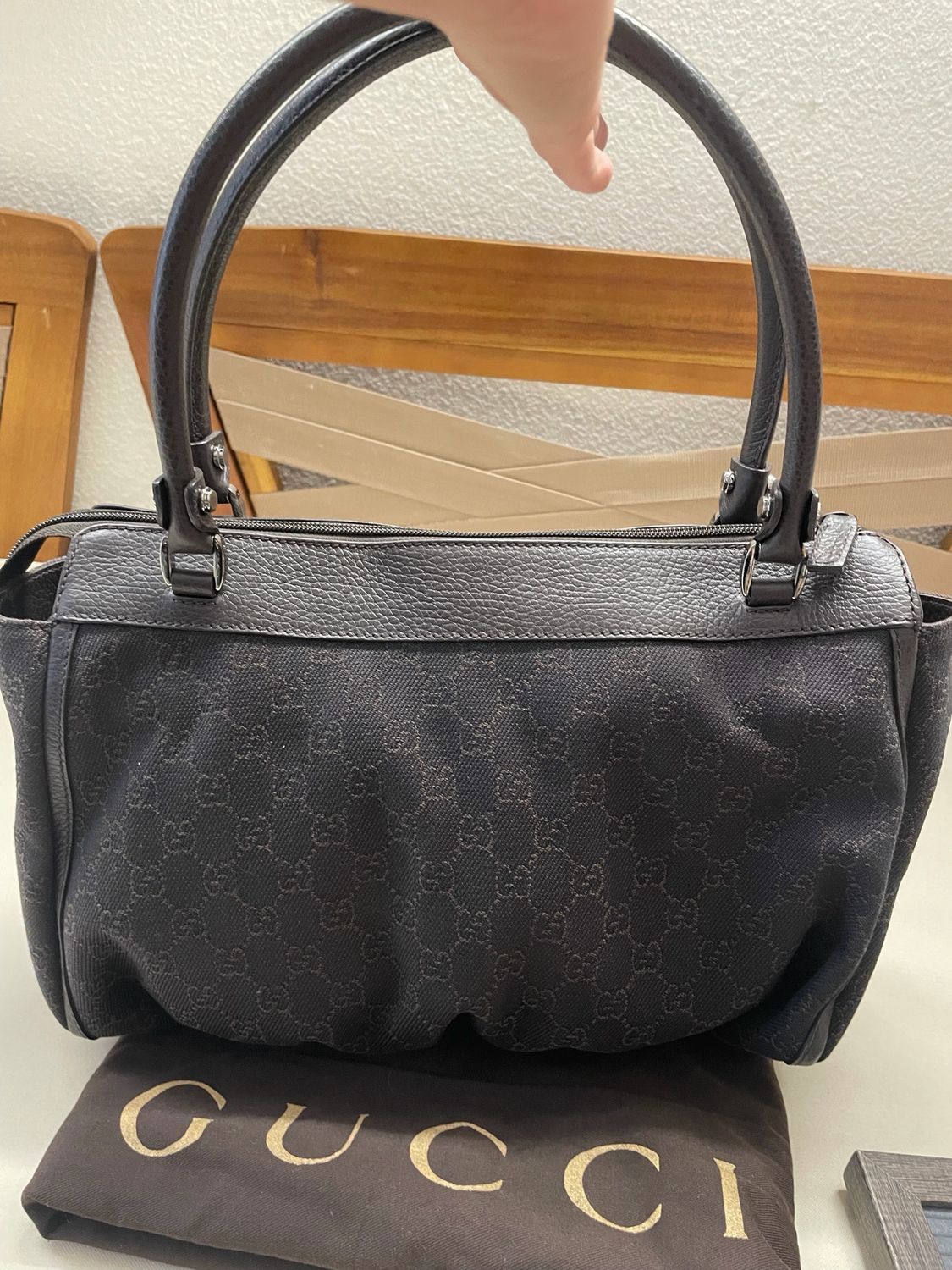 Gucci Monogram Canvas Denim Tote Abbey D Ring in Dark Brown