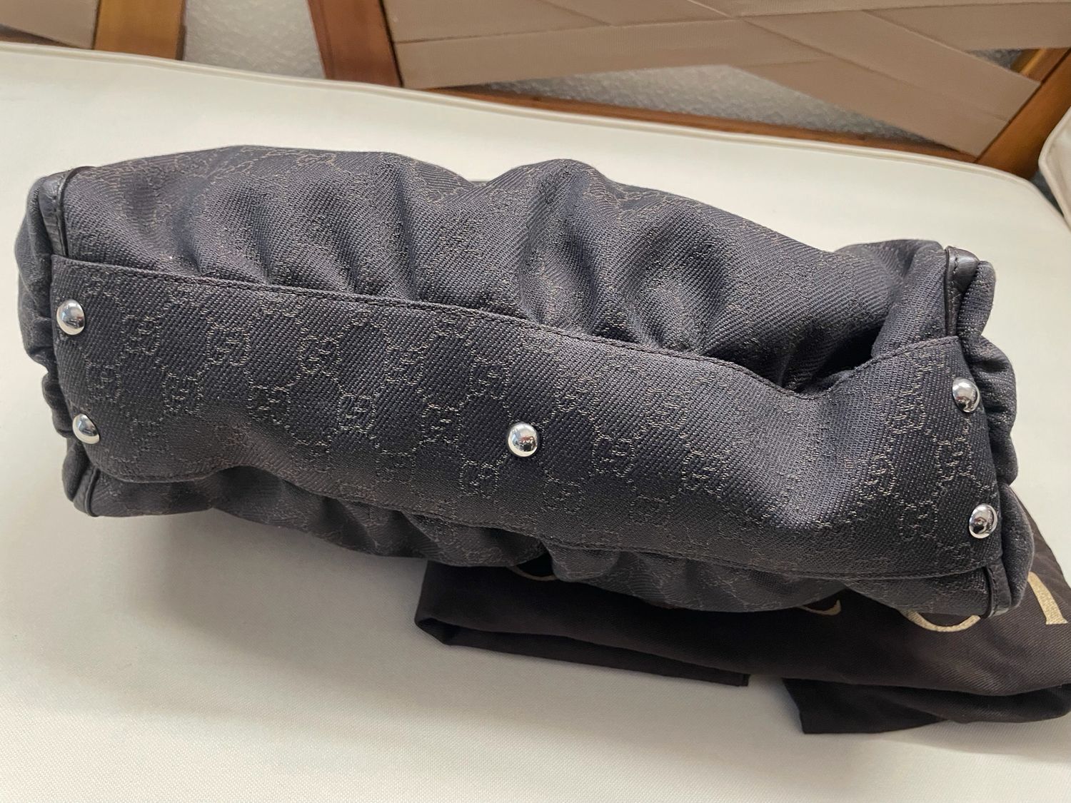 Gucci Monogram Canvas Denim Tote Abbey D Ring in Dark Brown