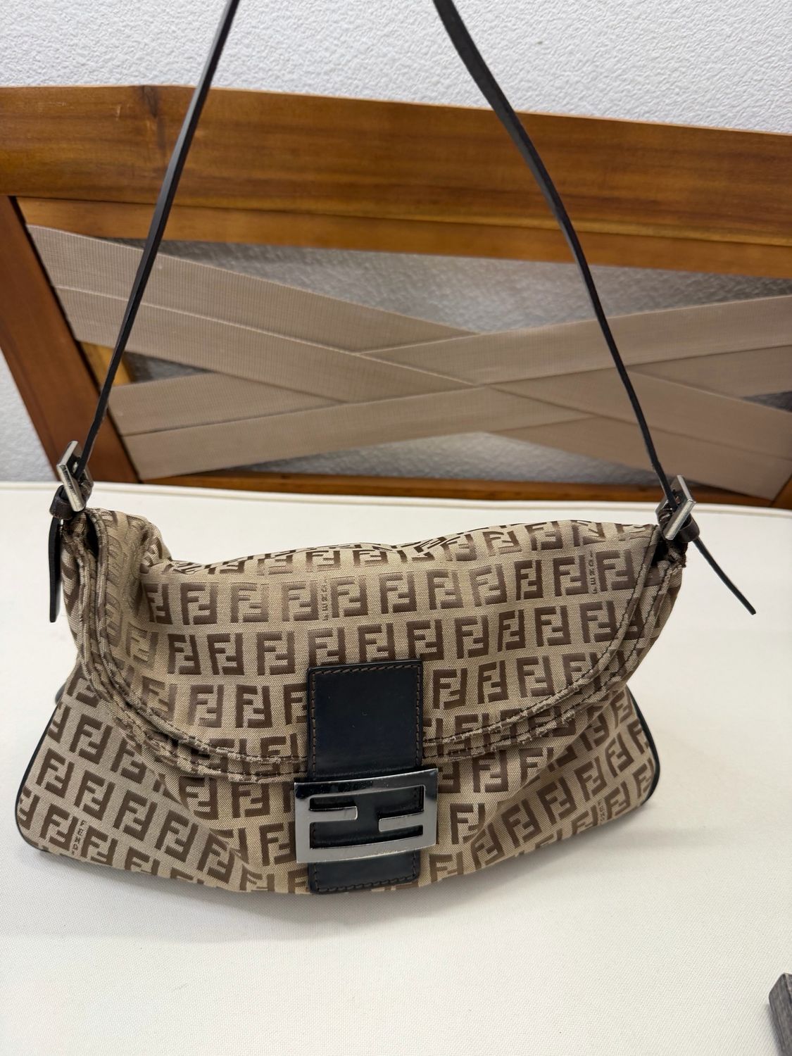 Fendi Zucca Baguette Double Flap Hobo Shoulder Bag