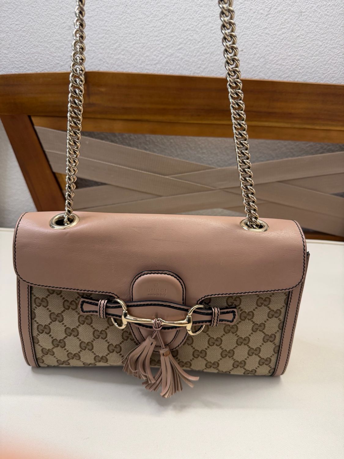 Gucci Monogram Canvas Emily Chain Flap Tote Medium in Pink