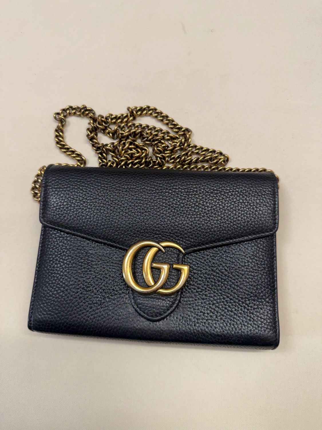 Gucci Marmont Pebbled Leather Chain Strap Crossbody Wallet on Chain