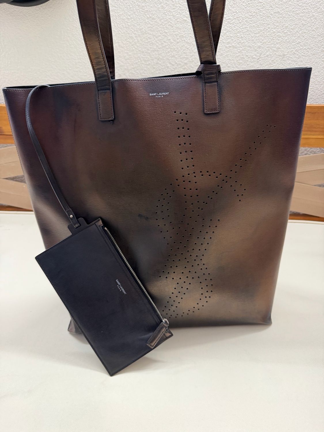 Yves Saint Laurent Shopper Open Tote Perforated Shoulder Bag