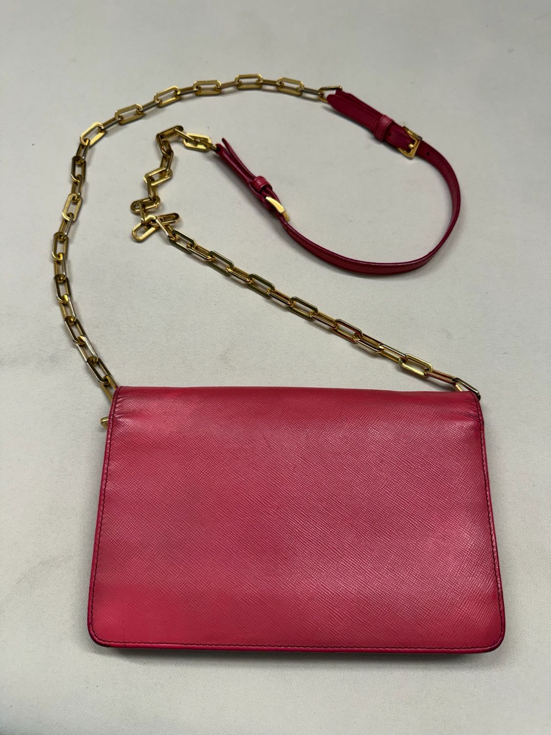 Prada Saffiano Luxe Flap Wallet on Chain in Pink