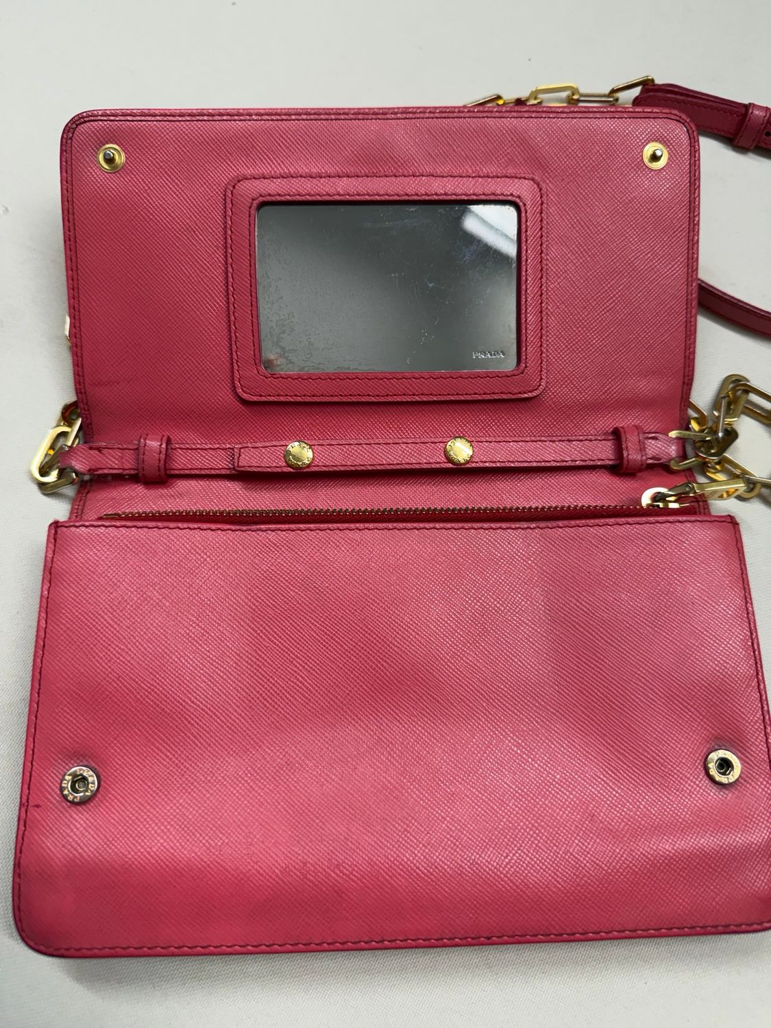 Prada Saffiano Luxe Flap Wallet on Chain in Pink