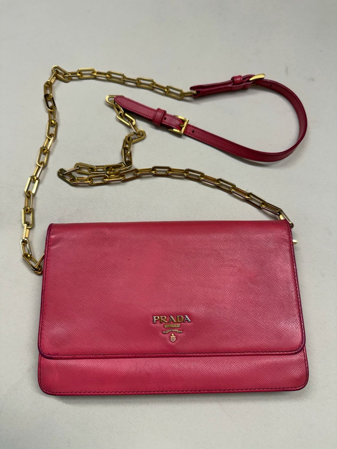 Prada Saffiano Luxe Flap Wallet on Chain in Pink