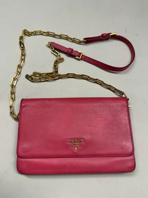 Prada Saffiano Luxe Flap Wallet on Chain in Pink