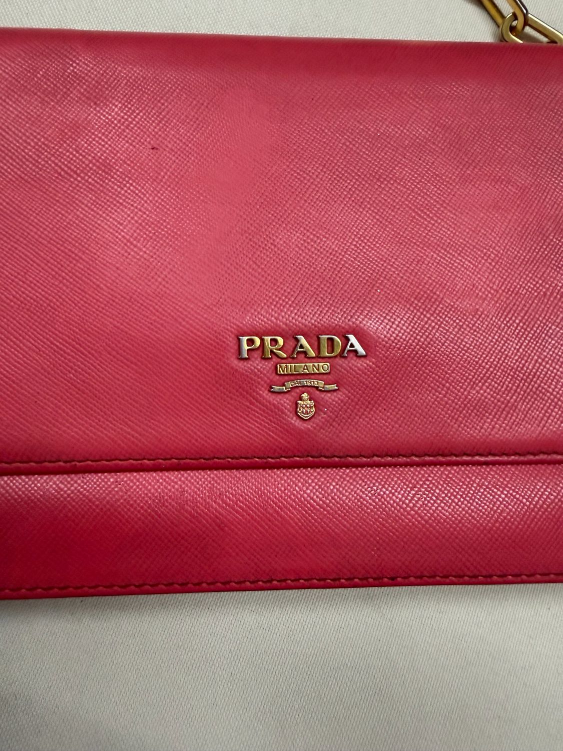 Prada Saffiano Luxe Flap Wallet on Chain in Pink