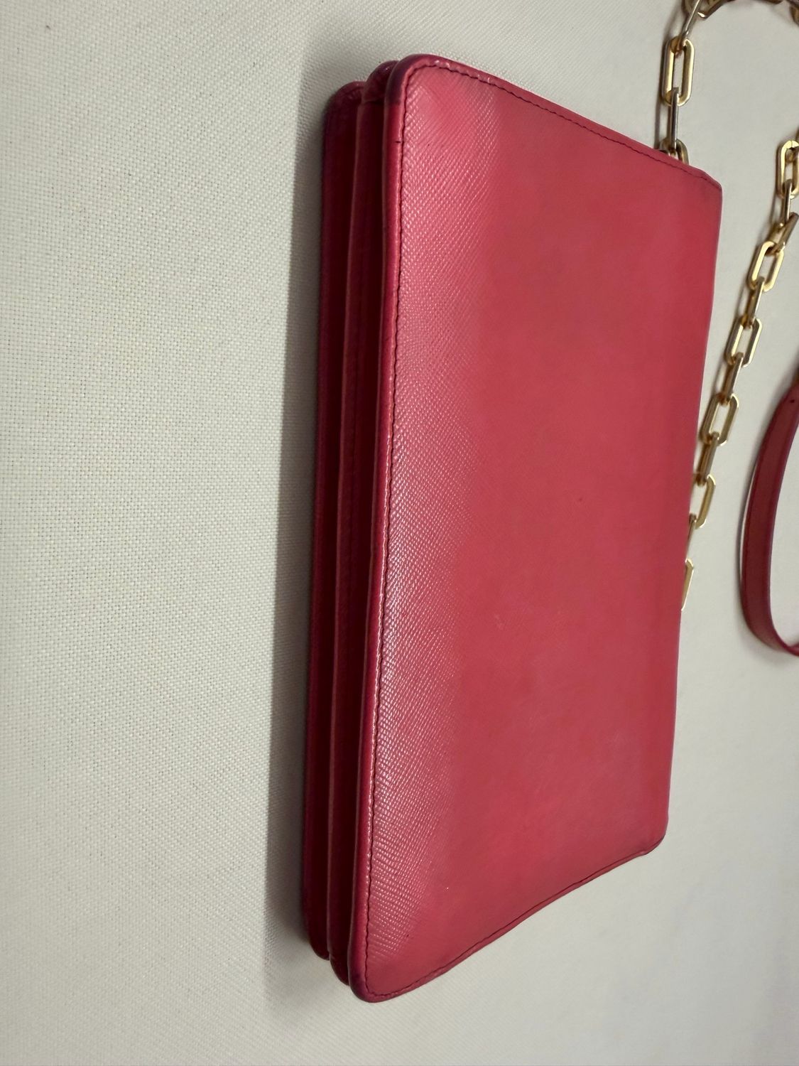 Prada Saffiano Luxe Flap Wallet on Chain in Pink
