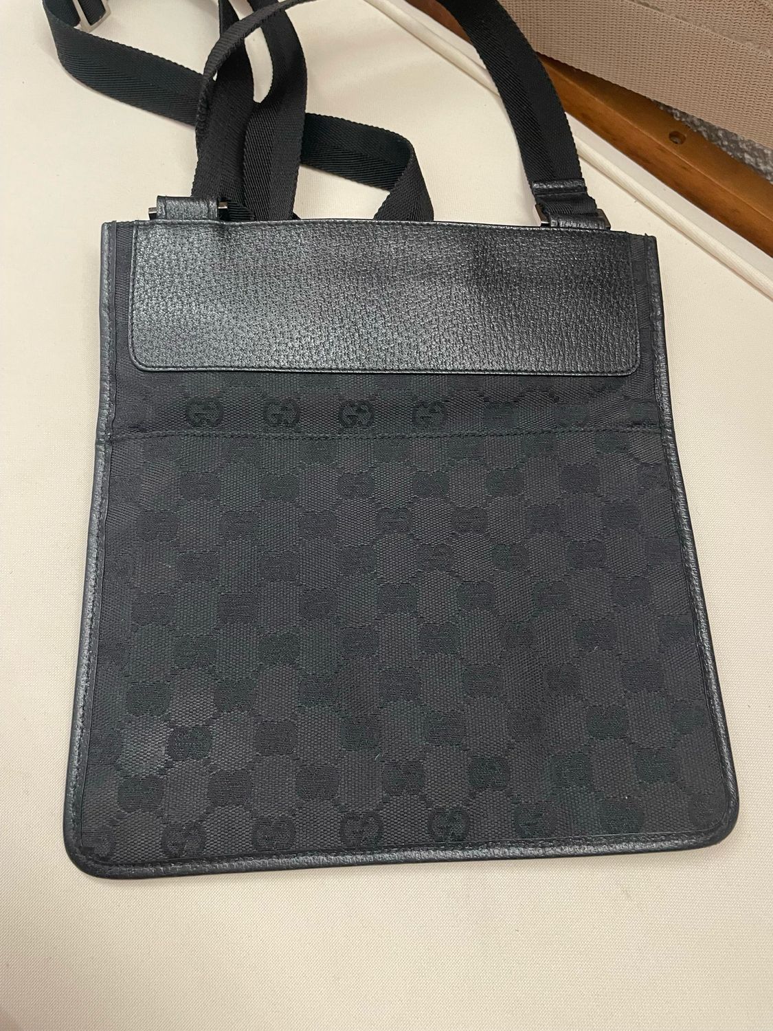 Gucci Monogram Flat Messenger Sling Crossbody in Black