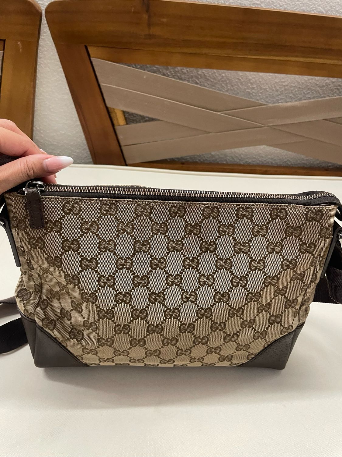 Gucci Monogram Canvas Messenger Crossbody Sling in Dark Brown