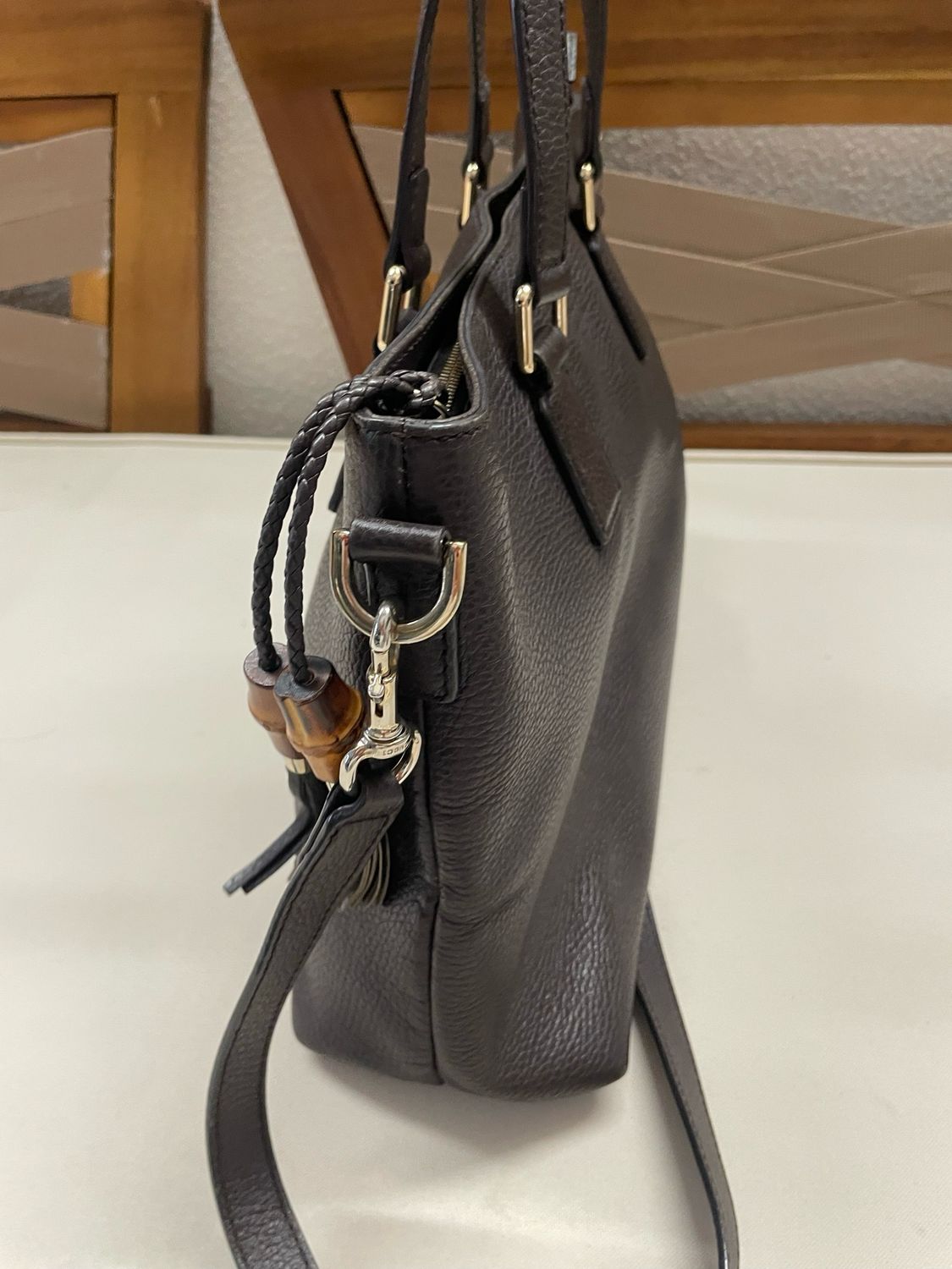 Gucci Pebbled Leather Bamboo Tassel Crossbody Tote in Dark Brown