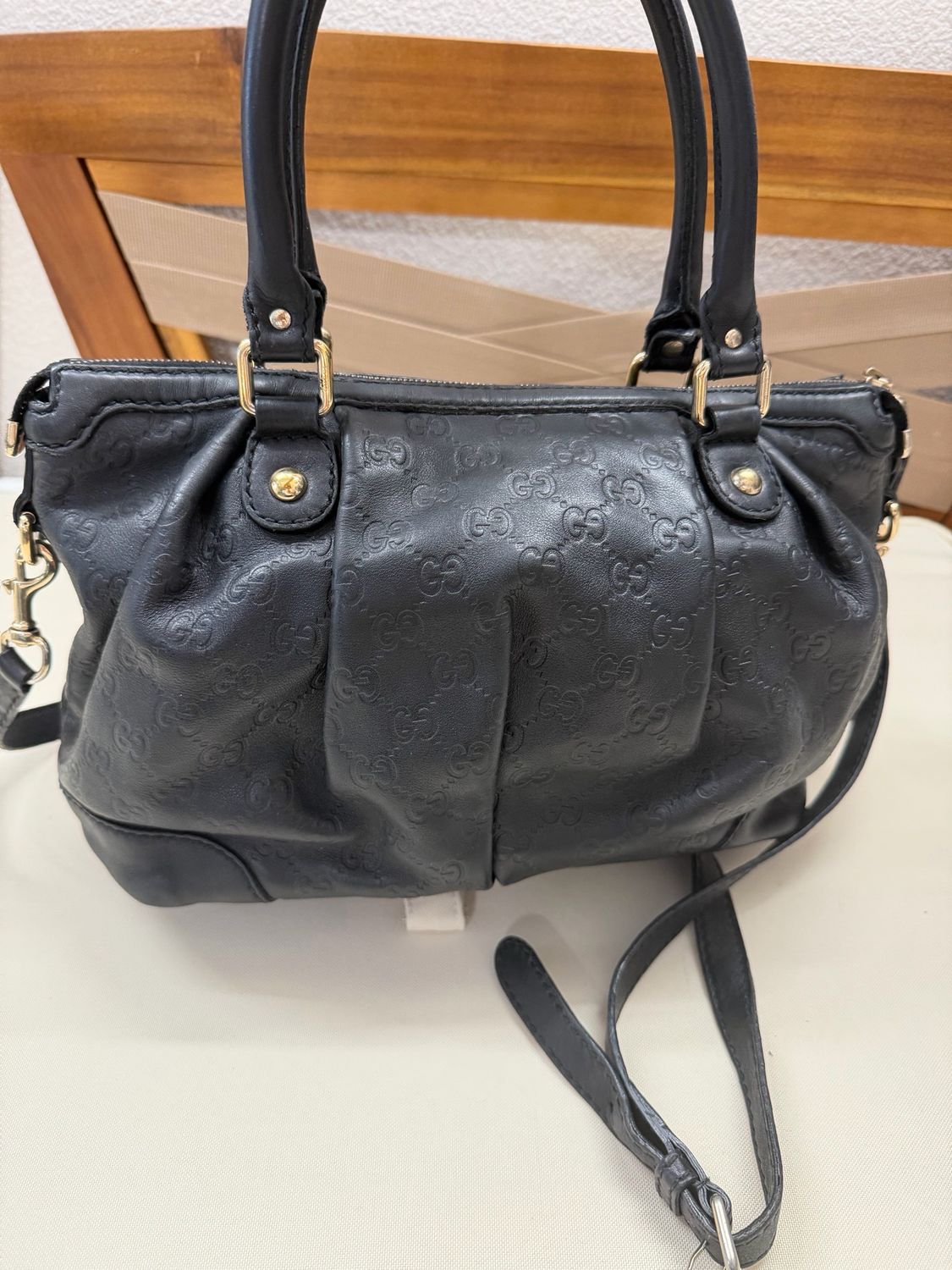 Gucci Monogram Leather Convertible Sukey Crossbody Sling