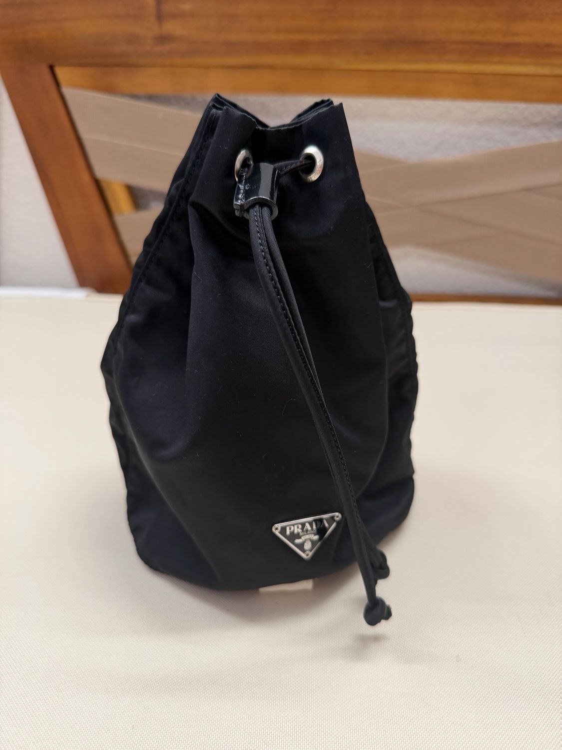 Prada Nylon Tessuto Drawstring Bucket Pouch in Black