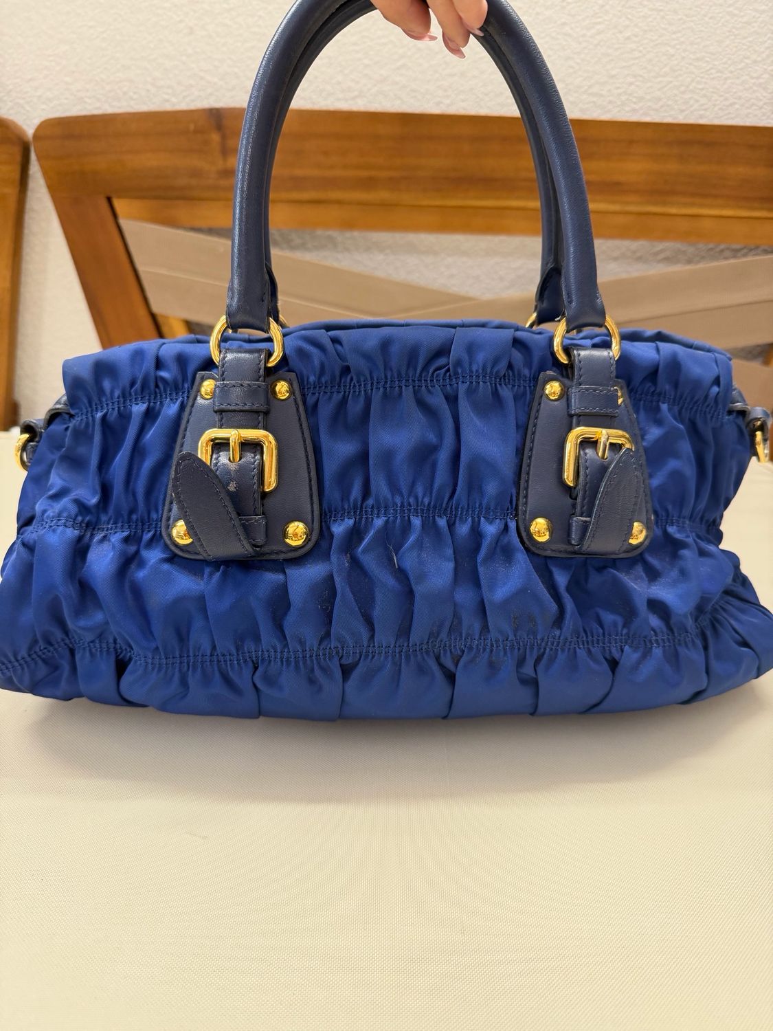 Prada Nylon Tessuto Gaufre Bluette Bowler Satchel Tote