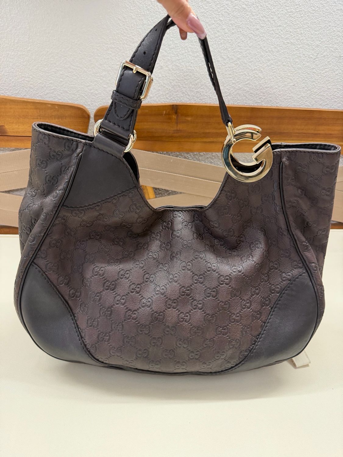 Gucci Monogram Leather Shoulder Charlotte Guccissima Large in Dark Brown