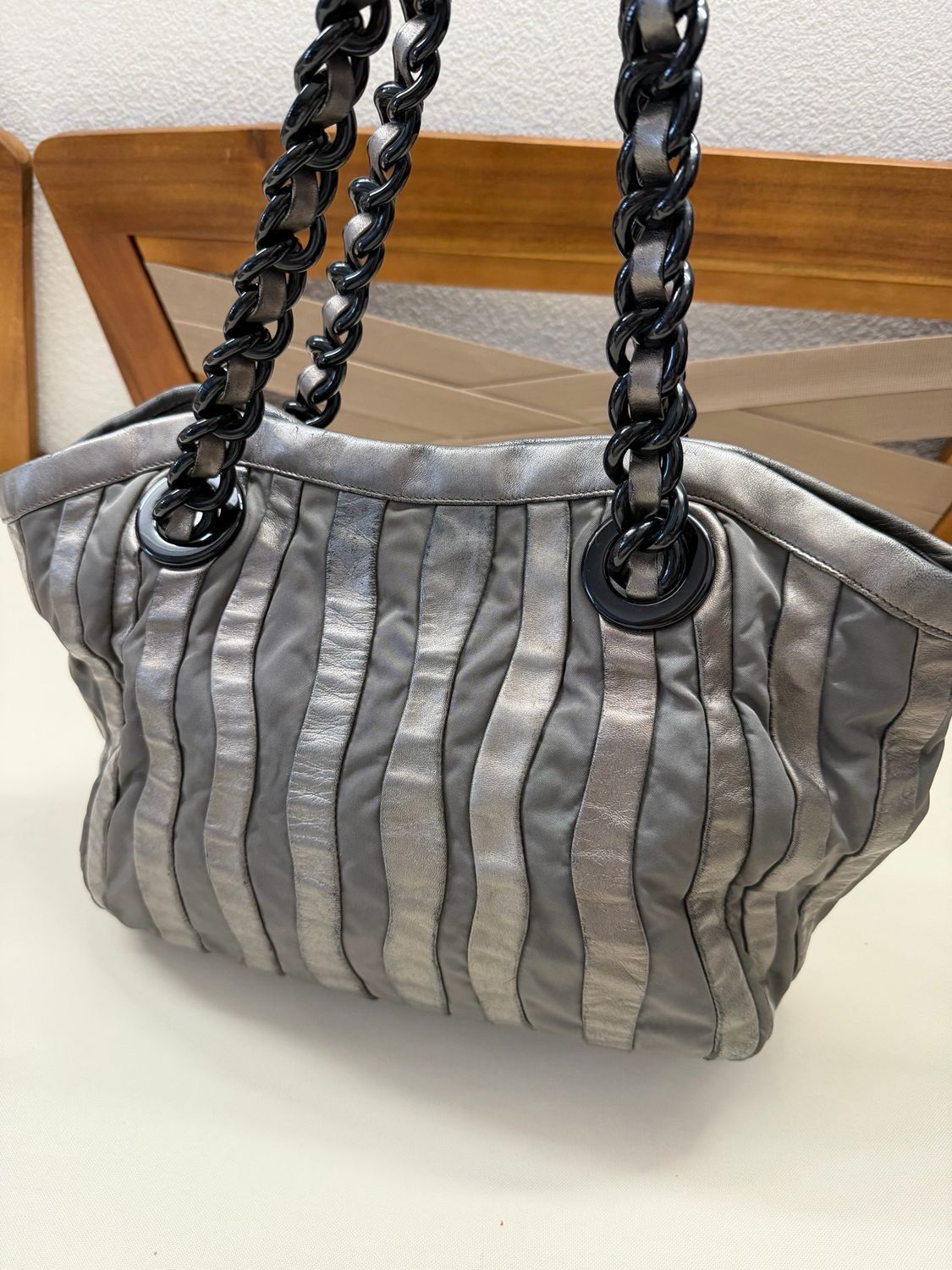 Prada Nappa and Nylon Tesutto Waves Stripe Tote Shoulder Mordore