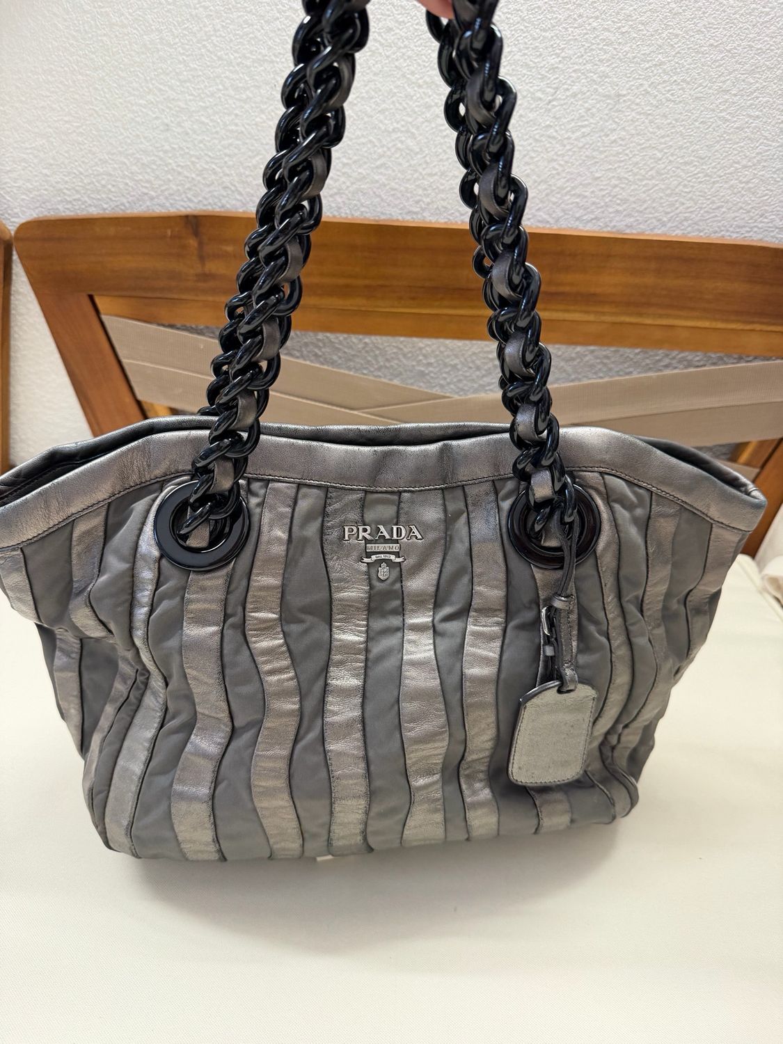 Prada Nappa and Nylon Tesutto Waves Stripe Tote Shoulder Mordore