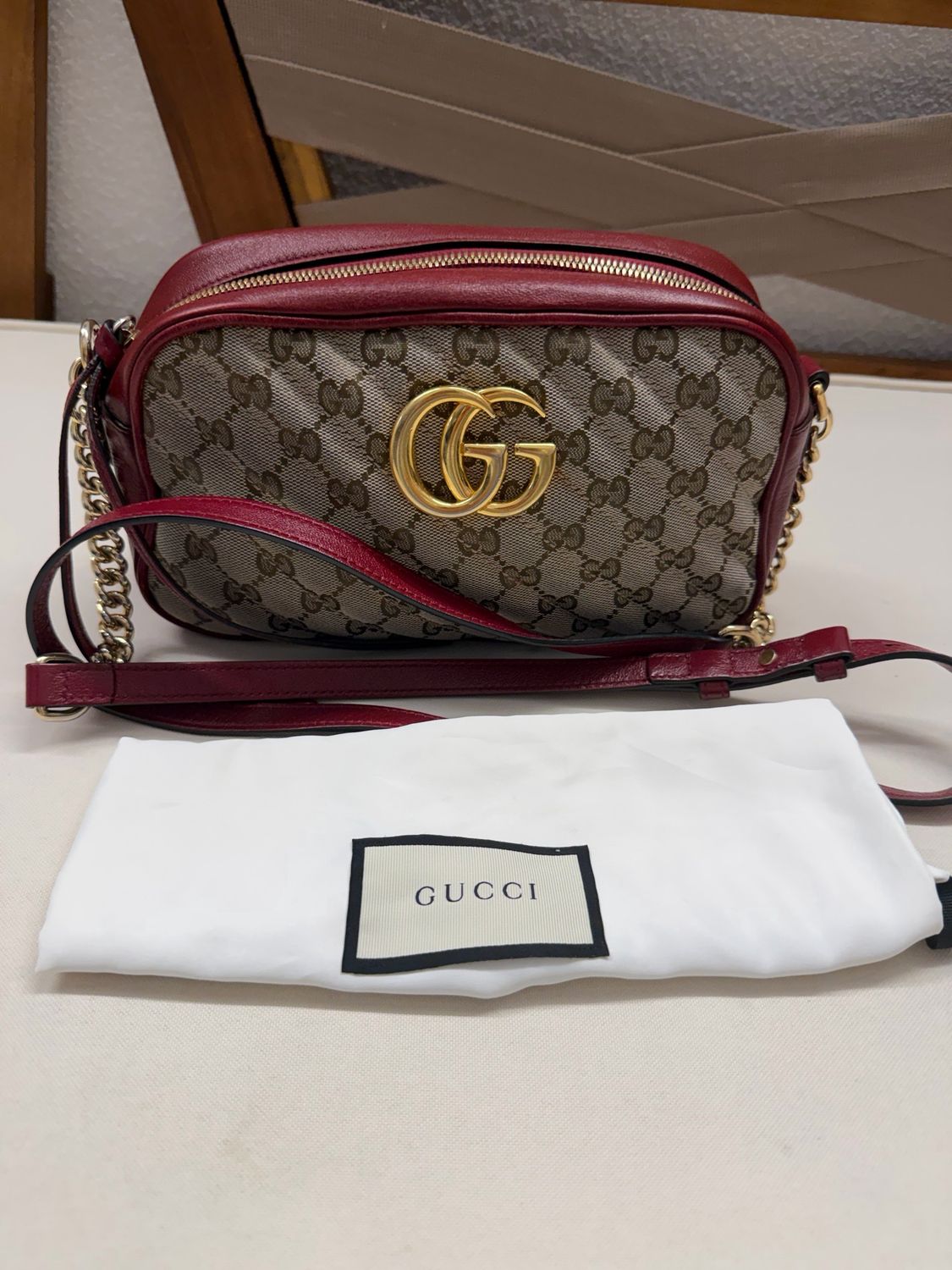 Gucci Monogram Canvas Marmont Small Quilted Crossbody Camera Bag Sling