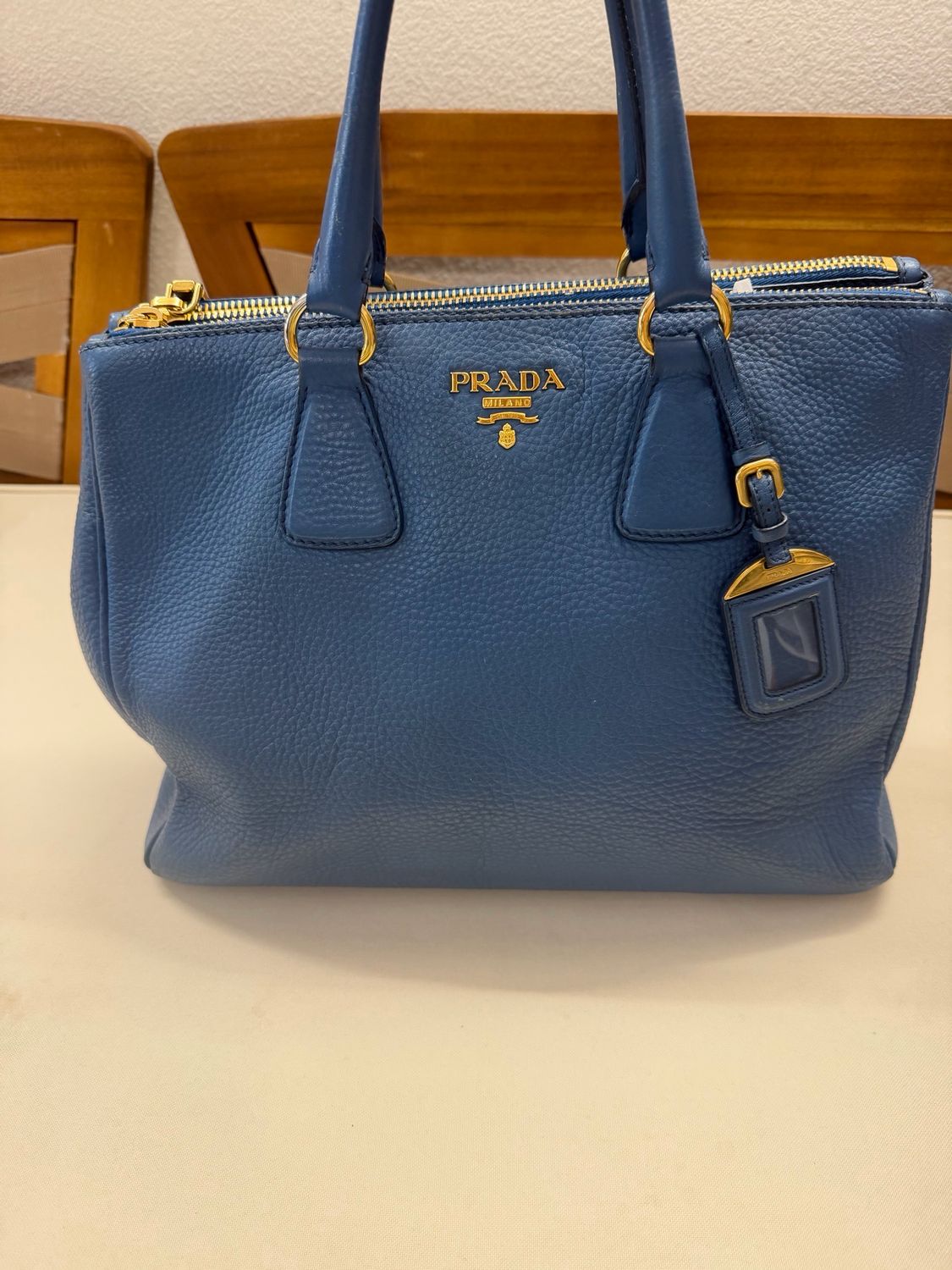 Prada Vitello Daino Pebbled Leather Double Zipper in Blue